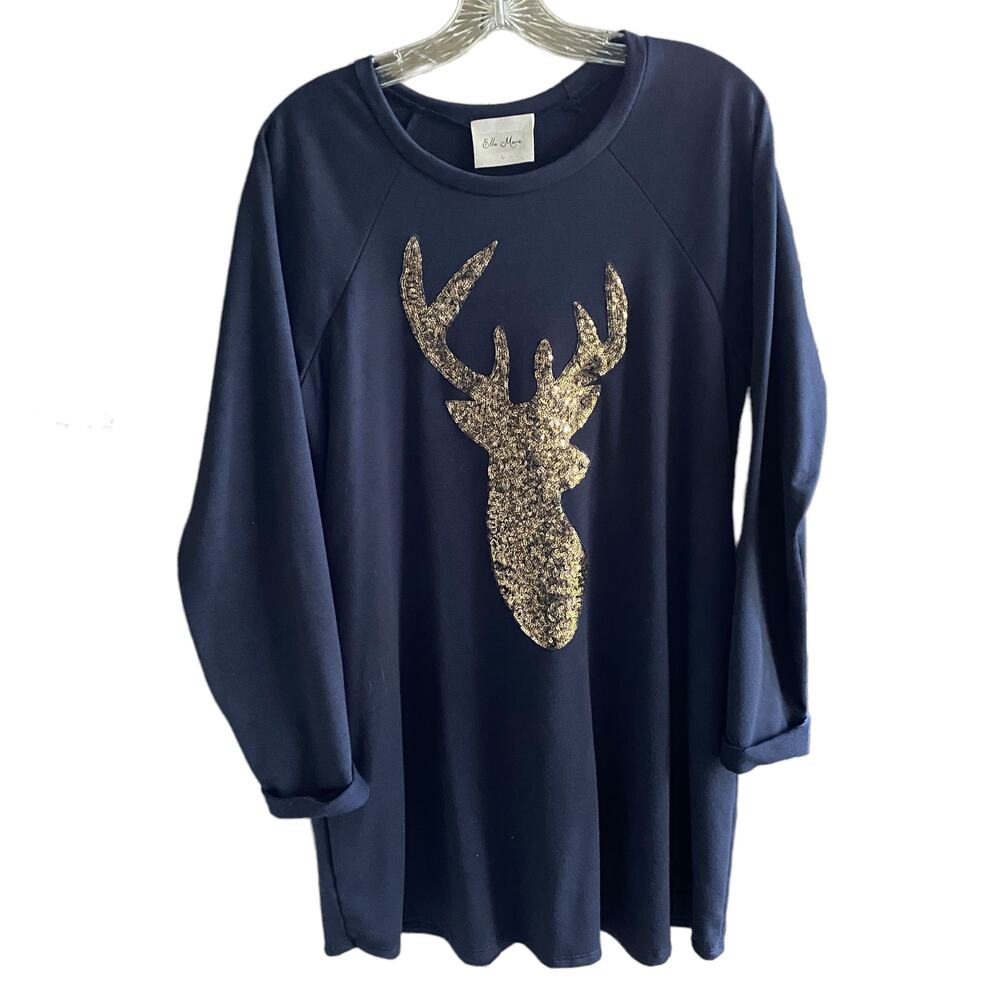 Women's L ELLA MARA Dark Blue Tunic with Gold Sequin Deer